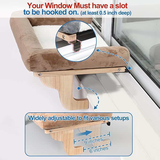 Cat Perch for Window Sill with Bolster - Orthopedic Hammock Design with Premium Hardwood & Robust Metal Frame - Cat Window Seat for Large Cats and Kittens - Natural Color Wood with Gray Bed