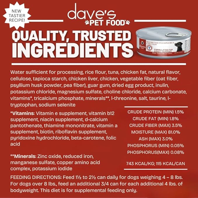 Dave's Pet Food Kidney Care Dog Food (Tuna Pate), New Recipe! Wet Renal Dog Food, Low Phosphorus, Renal Kidney Support, Vet Formulated, 5.5 oz, (12 Pack)