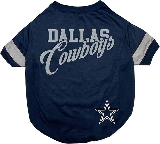 Pets First NFL Dallas Cowboys Dog & Cat T-Shirt, Small. Football Pet Shirt with Team Name & Logo, Striped Sleeves, Poly-cotton Material, Machine Washable