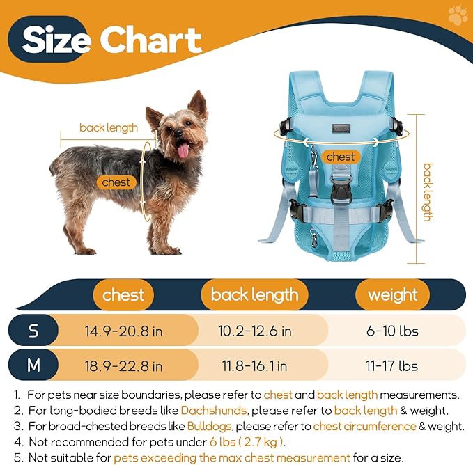 Pet Dog Front Carrier Backpacks, Legs Out Secure-Fit Dog Front Carrier for Small Dogs Up to 17 lbs, Adjustable Hands Free Pet Chest Carrier for Hiking Cycling (S, Blue)