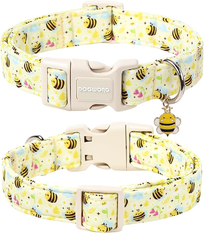 DOGWONG Spring Summer Dog Collar- Bee Flower Dog Collar, Adjustable Soft Girl Boy Dog Collar for Small Medium Dogs, M