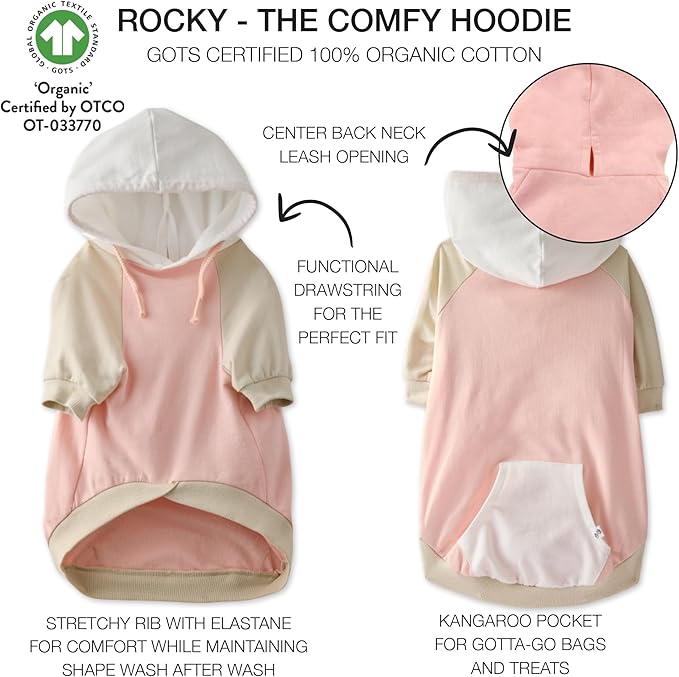 Rocky – The Orginal Lightweight Hooded TEE 100% Organic Cotton Dog Hoodie Pet Coat Sweater for Small, Medium, Large Dogs, Pink Color Block, Small