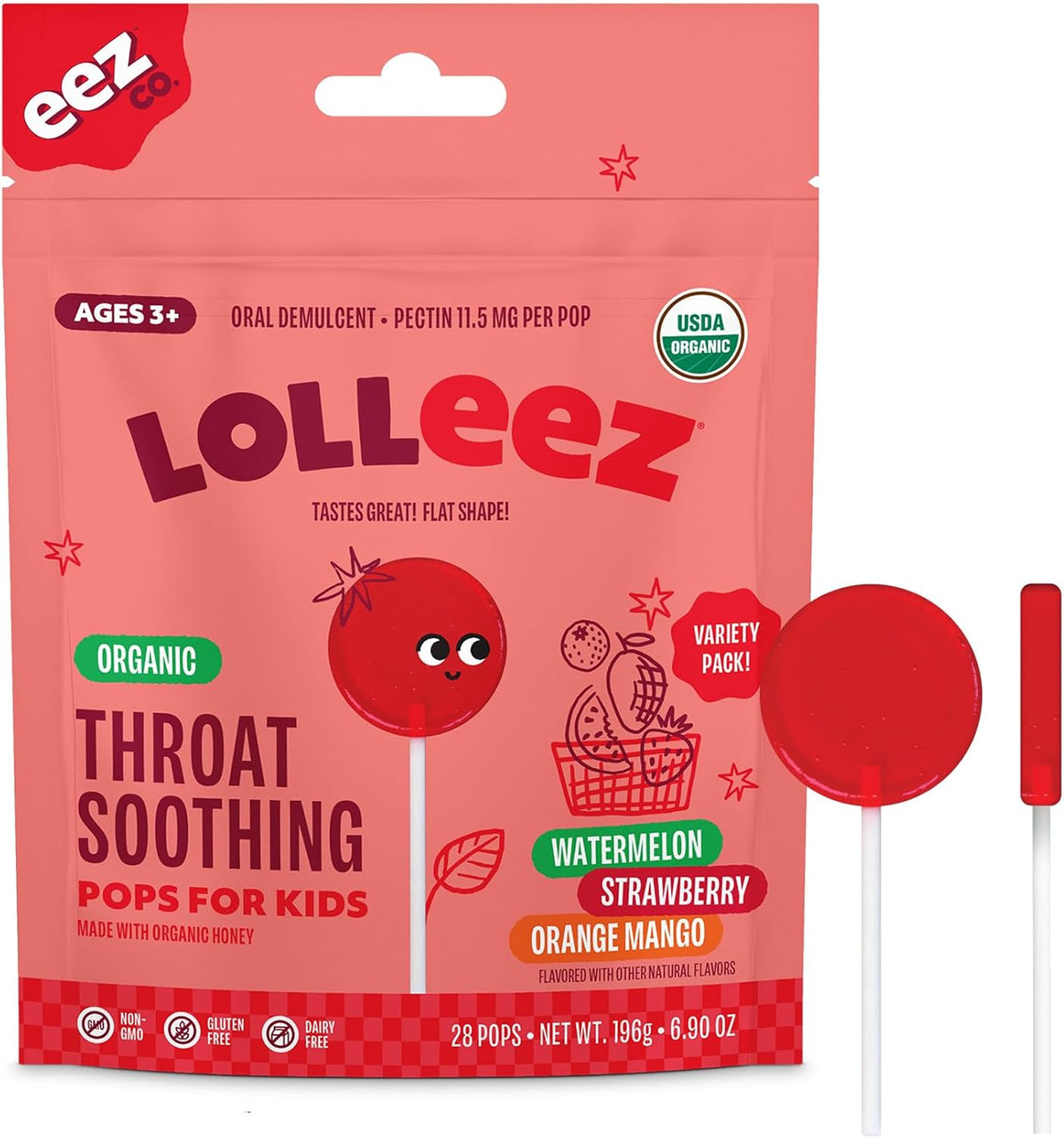 Lolleez by EEZ Co. Organic Throat Soothing Pops for Kids, Variety Pack, 28ct