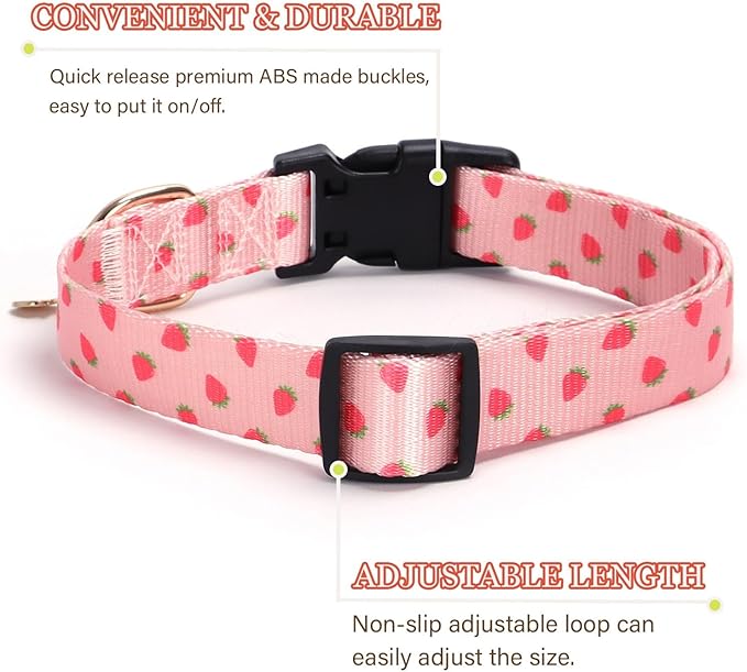 Pink Strawberry Pattern Dog Collar with Buckle Adjustable Safety Nylon Collars for Small Medium Large Dogs, Cute Stylish Girl Boy Christmas Dog Collar(Pink Strawberry,XL)