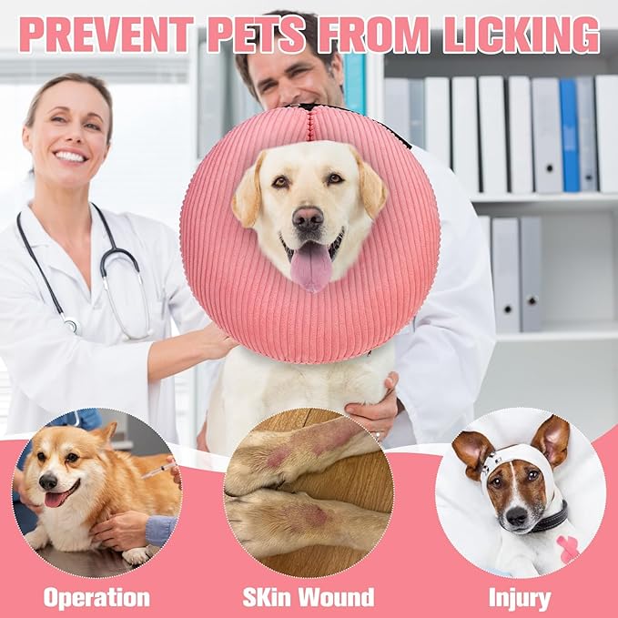 BINGPET Inflatable Dog Cone Collar Alternative After Surgery,Soft Recovery Cone for Dogs to Stop Licking,Protective Neck Donut E Collar Adjustable for Small Medium Large Dogs & Cats(Pink,S)