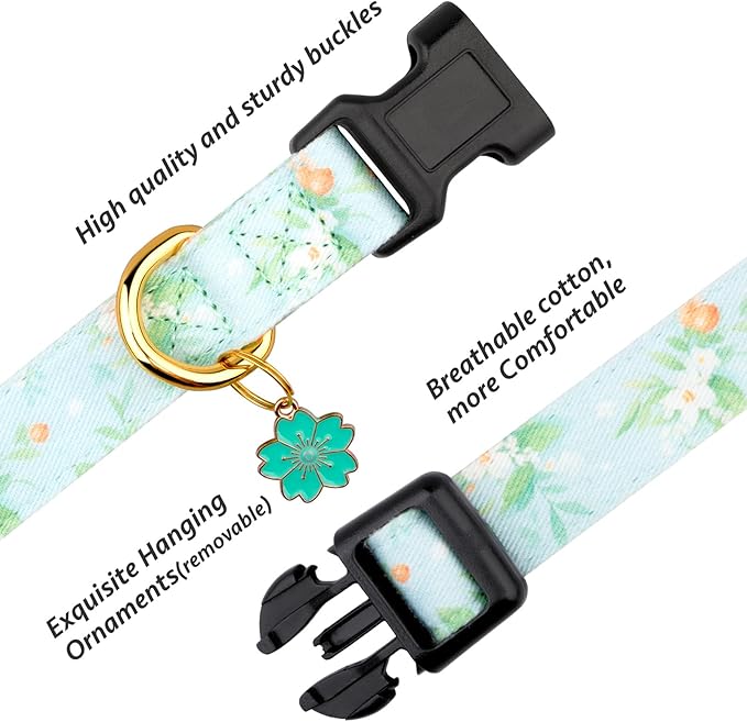 Cotton Handmade Dog Collar Cute and Distinctive Patterns Light Green Flower with Pendant for Girl Boy Dogs Collars S