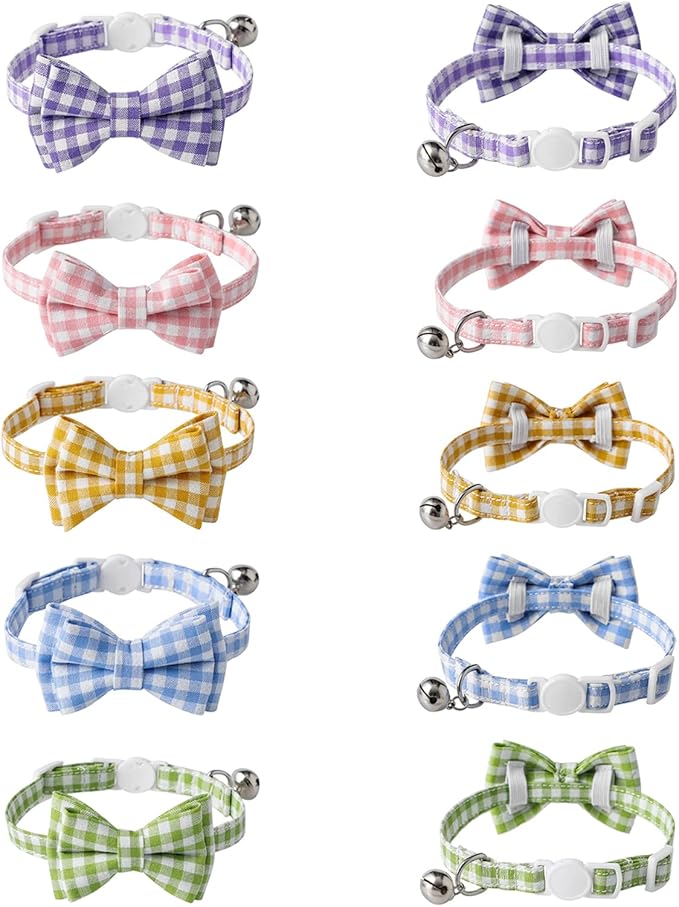 AIITLE Breakaway Cat Collar with Cute Bow Tie and Bell, Detachable Adjustable Safety Collars for Girl Cats and Boy Cats, Kittens, Puppy, Soft Stylish Plaid Patterns Cat Collars,Yellow