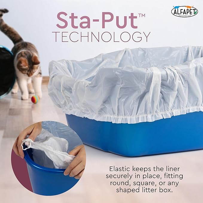 Alfapet Cat Litter box liner Disposable, Elastic Liners- 24-count-For Medium and Large, Size Litter Pans- With Sta-Put Technology for Firm, Easy Fit- Quick + Clever Waste Cleaners