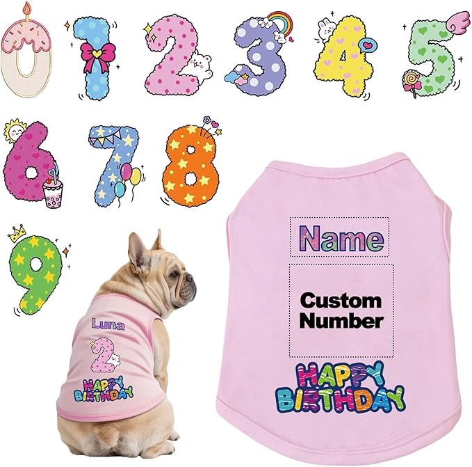 Custom Dog Birthday Shirt,Personalized Pet Apparel Print with Name Age Number,Pet Birthday Outfit,Lightweight Breathable Cotton Vest for Small Medium Large Dogs Cat (Pink, 5X-Large)