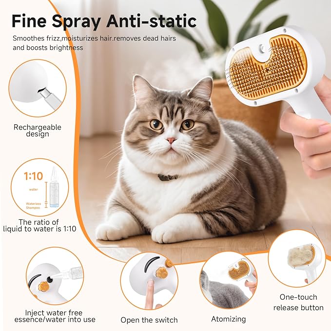 Pet Steam Brush for Dogs and Cats – 3-in-1 Pet Grooming Tool, Spray Portable Design, Suitable for Home and Travel, Ideal for Medium & Long-Haired Pets, Includes 1*Waterless Shampoo, Yellow