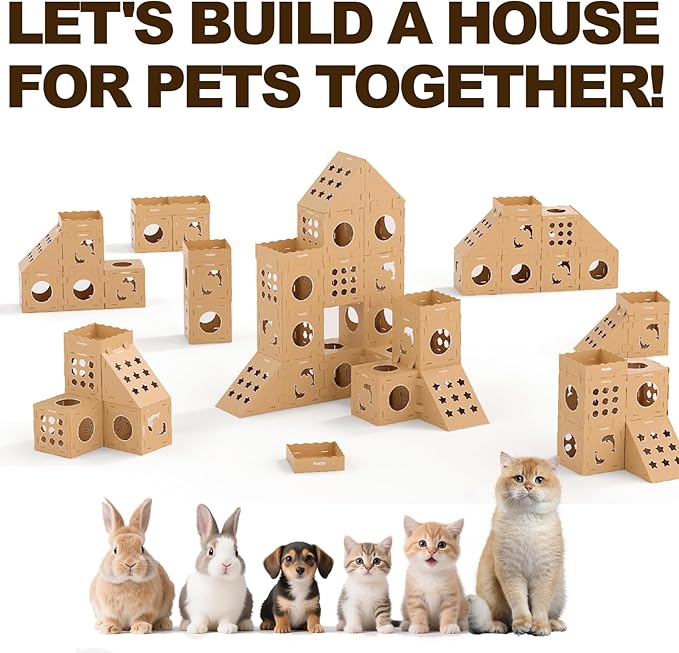 DIY Cat Scratcher Cardboard House, Clawsable Cat Play House, a Versatile Box, Indoor Kitty Scratcher Hideout for One or More Cats Brown, Cat Tower Castle Tunnel 10 Parts