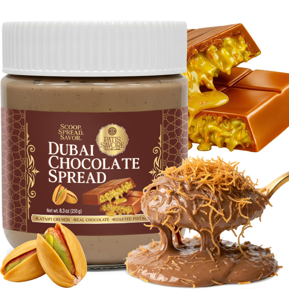 Dubai Chocolate Spread with Kataifi Pistachio Cream - 8.3oz - Luxurious Middle Eastern Chocolate Delight