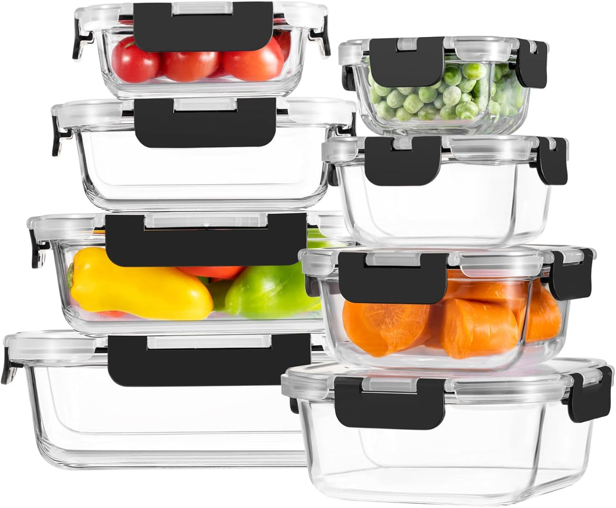 8 Pack Borosilicate Glass Food Storage Containers with Lids, Glass Meal Prep Containers, Airtight Bento Lunch Boxes with Leak Proof Locking, Oven, Freezer and Dishwasher Safe, BPA Free, 5-35oz