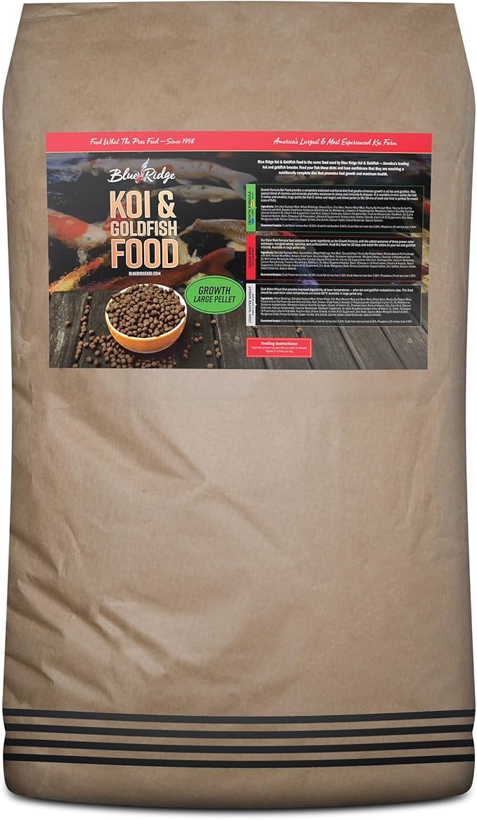 Blue Ridge Koi Fish Food 50lb - Koi Food Large 3/16" Growth Formula, Goldfish Food, Premium Fish Food for Ponds, Ponds Fish Food, Floating Pond Pellets