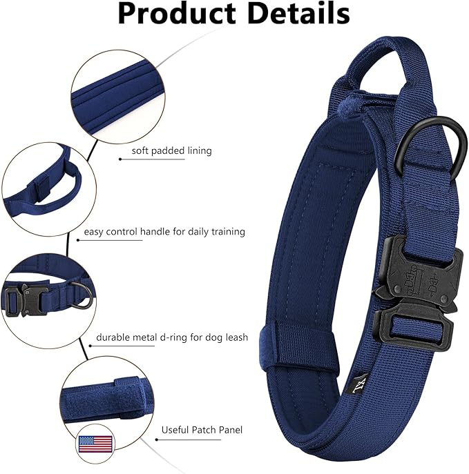 DAGANXI Tactical Dog Collar, Adjustable Military Training Nylon Dog Collar with Control Handle and Heavy Metal Buckle for Medium and Large Dogs, with Patches and Airtags Case (Midnight Blue-Set, M)