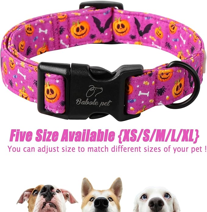 Halloween Dog Collar, Cute Pumpkin Bat Pattern Halloween Purple Puppy Collar, Soft Adjustable Cotton Dog Collars for Small Medium Large Boy&Girl Dogs L