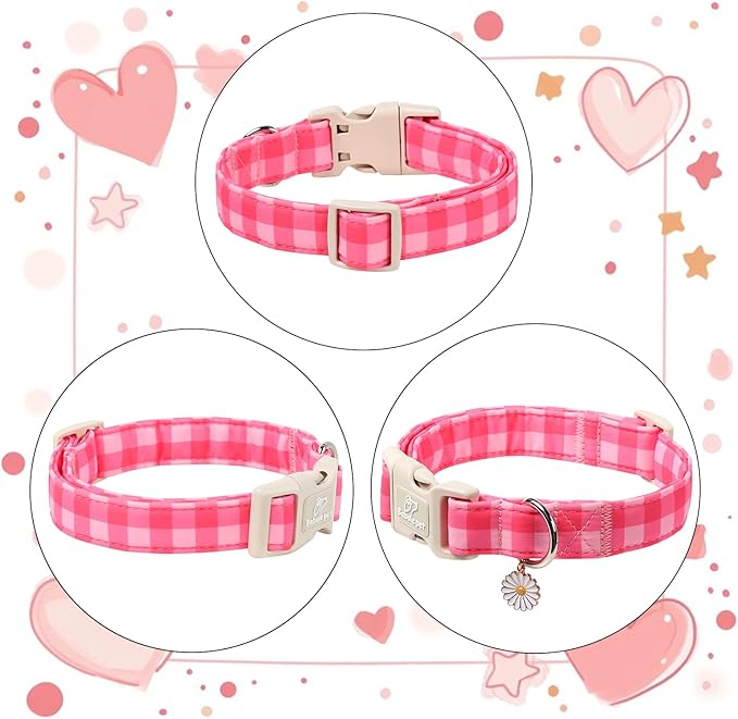 Girl Dog Collar for Large Dogs - Cute Pink Plaid Puppy Collar, Soft Adjustable Spring Summer Female Dog Collars with Quick Release Buckle L