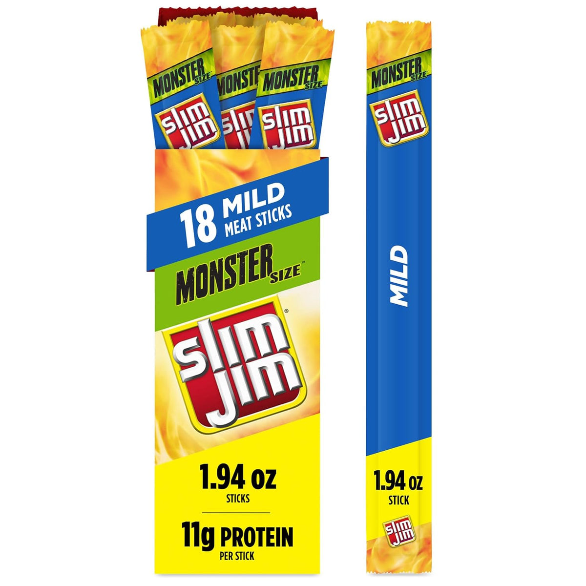 Slim Jim Monster Smoked Meat Sticks, Original Flavor, High Protein, 1.94 oz. (18 Count)