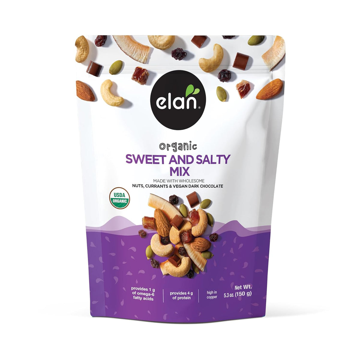 Elan Organic Sweet & Salty Mix, 5.3 oz, Non-GMO, Gluten-Free, Vegan, Kosher, Vegan Dark Chocolate, Dried Fruits (Raisins, Dates), Nuts (Roasted Cashews, Roasted Almonds) & Pumpkin Seeds