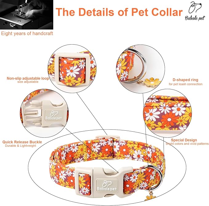 Fall Dog Collar Vintage Daisy Puppy Collar - Hippie Flower Dog Collars Light Comfortable Adjustable Pet Collars for Small Medium Large Girl Boy Dogs M