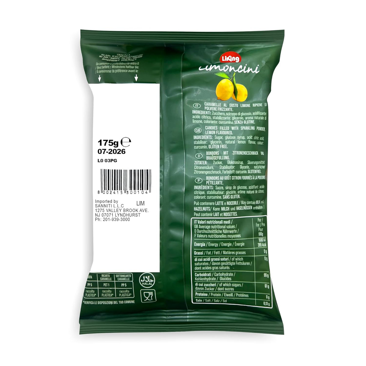Sanniti Limoncini Frizzanti Candy | Sparkling Candies with Natural Flavor Made with Italian Lemons | 6.17 Ounce Bag