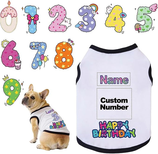 Custom Dog Birthday Shirt,Personalized Pet Apparel Print with Name Age Number,Pet Birthday Outfit,Lightweight Breathable Cotton Vest for Small Medium Large Dogs Cat (White + Black Border, XX-Large)