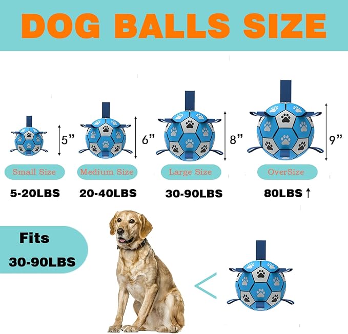 Dog Soccer Ball, Interactive Toys for Tug of War, Puppy Birthday Gifts, Tug Toy, Water Toy, Durable Balls for Small & Medium Size(8 inch-Blue)