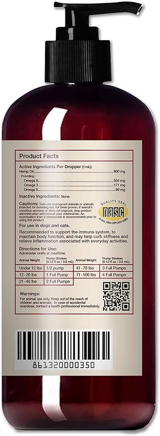 Hemp Well Thrive Oil for Dogs and Cats – Supports Hip, Joint, and Heart Health, Promotes Immune System, and Promotes Healthy Skin from Seasonal Allergies, Organically Sourced - 16 Ounces