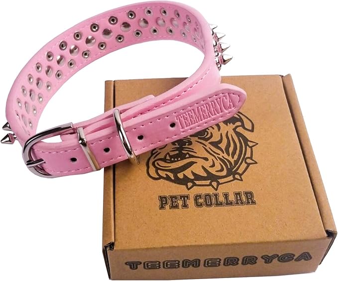 TEEMERRYCA Adjustable Leather Spiked Studded Dog Collars with a Squeak Ball Gift for Small Medium Large Pets Like Cats/Pit Bull/Bulldog/Pugs/Husky, Pink, XL 17.7-20.5 inches