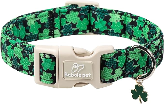 St Patricks Day Dog Collar for Large Dogs - Green Lucky Clover Dog Collars, Lightweight Adjustable Irish Festival Shamrock Dogs Collars with Quick Release Buckle L