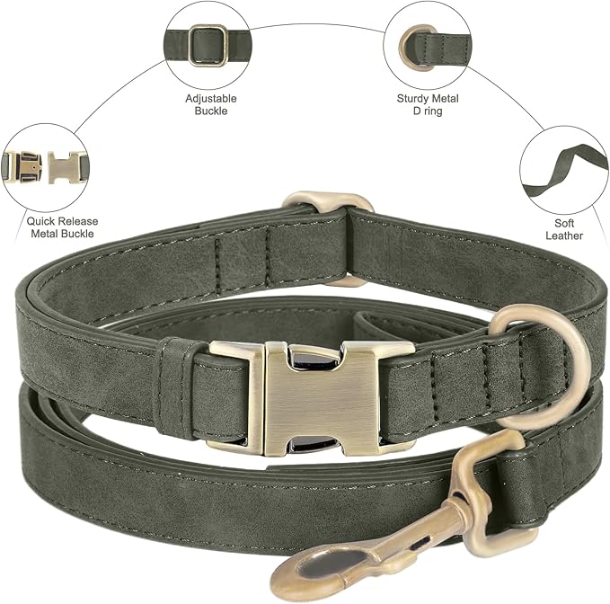 Genuine Leather Dog Collar - Adjustable Pet Collar with Quick Release Metal Buckle, Soft Skin Friendly Real Leather Collar for Small, Medium, Large Dogs (Dark Green Collar + Rope, M：Fit 12-20" Neck)