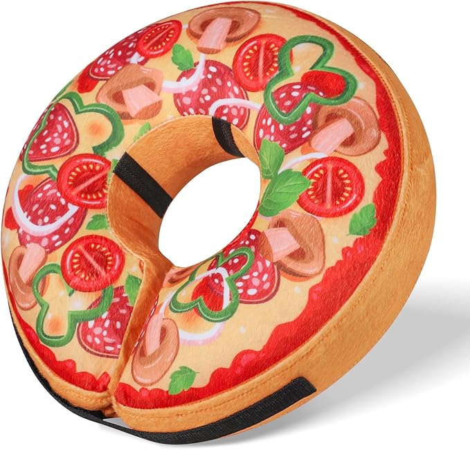 Grand Line Pizza Inflatable Collar for Dog and Cat, Soft Protective Recovery Cone After Surgery, Blow up Pet Donut Collar Cone, E-Collar Alternative Does not Block Vision (Cartoon, Medium)