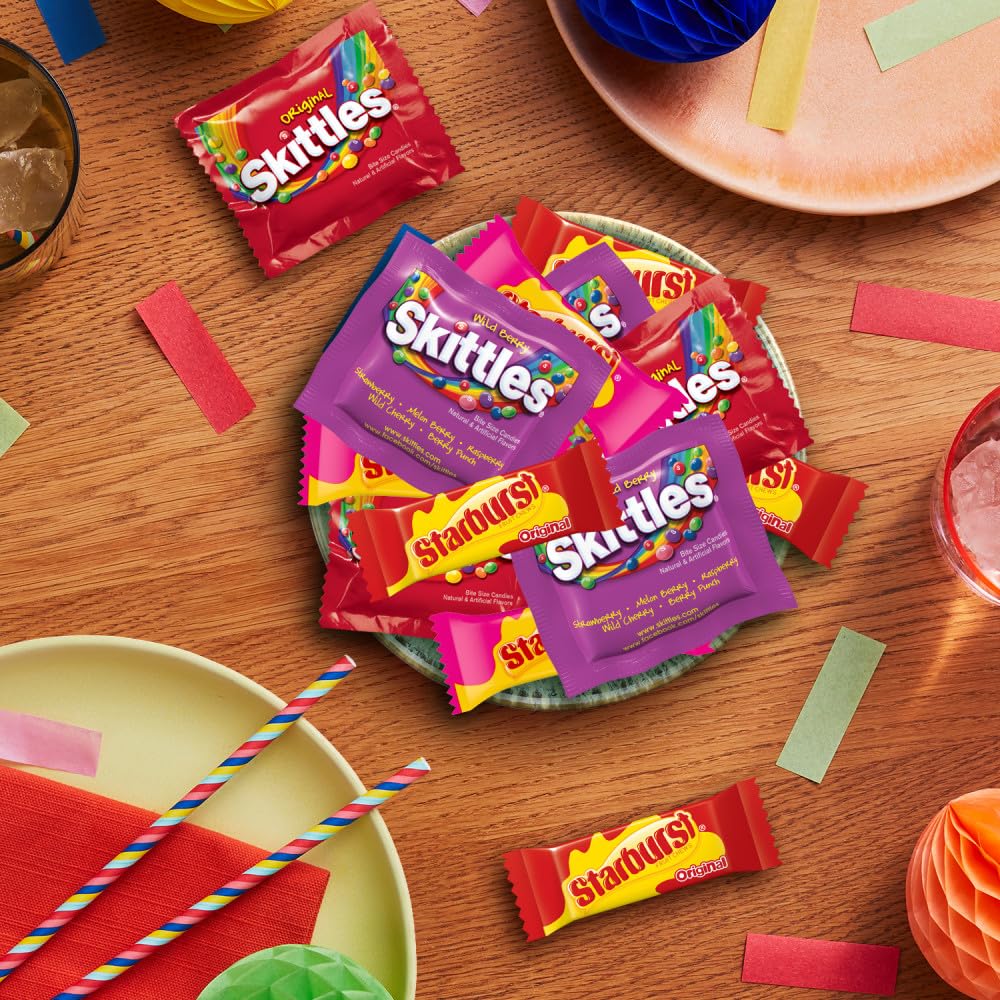 skittles original and starburst fun size chewy candy variety bag, party size, 20.13 oz bulk bag