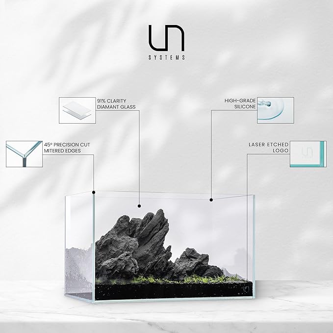UNS Ultra Clear Rimless Tank - 3.4GAL | 13L - 17.71x6.69x6.69 | 45x17x17 CM, 5mm Glass Thickness, Leveling Mat Included - Low Iron, High Clarity Fish Tank w/ 45° Mitered Edge - [45L]