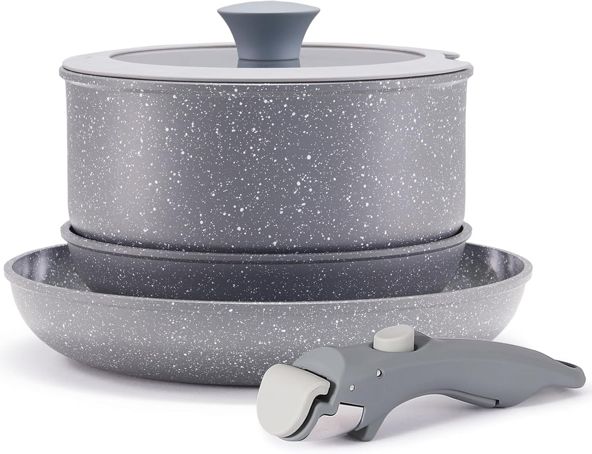 Gray Non Stick Pot and Pan Set with Removable Handle, Ceramic Cookware Set Detachable Handle, 5pcs Induction Kitchen Camping Stackable Pots Pans, Dishwasher/Oven Safe, PTFE/PFAS/PFOA Free