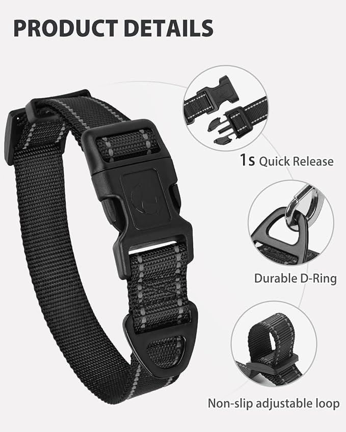 Joytale Large Dog Collar, Reflective and Adjustable Nylon Pet Collar with Quick-Release Buckle for Extra Large Dogs, Black, XL