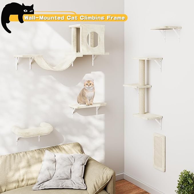 NUNU LAB Wall Mounted Cat Climber Set, 6 Pcs Cat Furniture Set with House, Bridge, Steps, Scratcher Board and Hammock, Shelves for Indoor, Luxury Walls Furniture(Beige)