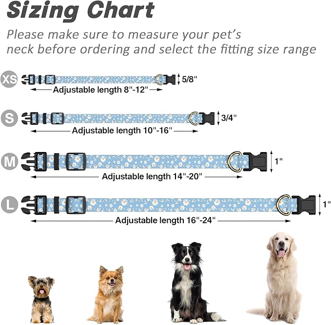 Reflective Dog Collar for Medium Dogs, Cute Daisy Theme Adjustable Heavy-Duty Nylon Puppy Collar for Boy and Girl Female, Soft Pet Accessories with Quick Release Buckle, Neck 14-20", Blue