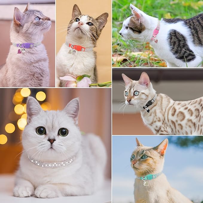 Rhinestone Cat Collar Breakaway with Bell, Diamond Cat Collar with Safety Buckle Quick Release for Girl Boy Small Kitten Pets Puppy,Cute Soft Female Male Cat Collars, Color Pink & Black 7-9"