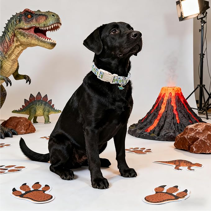 DOGWONG Dinosaur Dog Collar-Cute Green Dinosaur Dog Collar for Small Dogs, Adjustable Comfortable Cotton Boy Dog Collars for Small Medium Large Dogs,L
