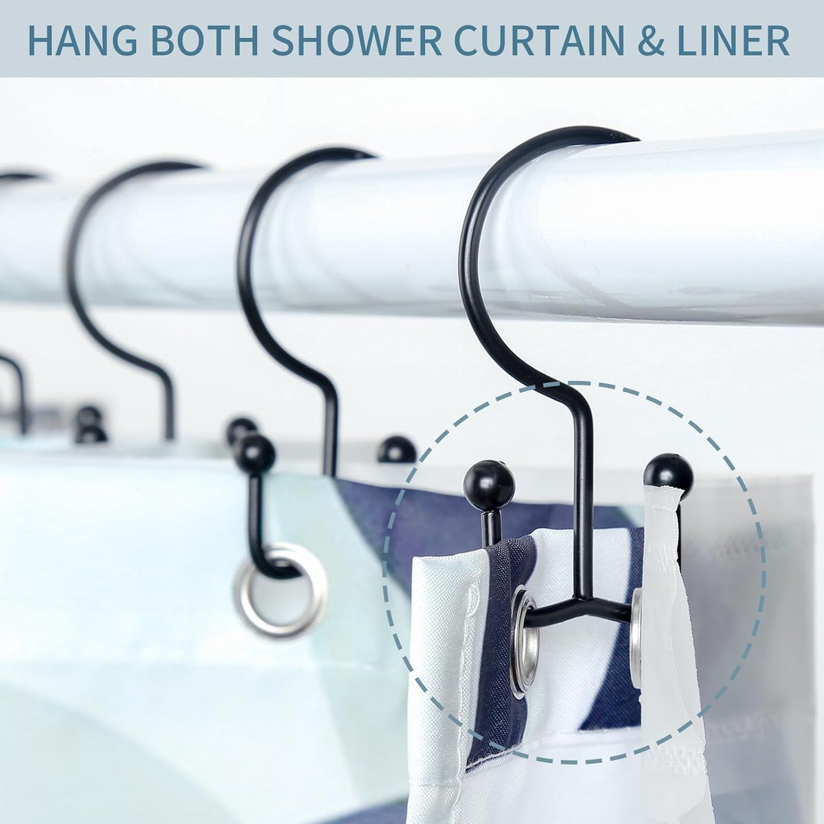 Goowin Shower Curtain Hooks, 12 Pcs Shower Curtain Rings, Durable Rust Proof Black Shower Curtain Hooks, Shower Rings for Curtain, Double Glide Shower Hooks for Shower Curtain Rods, Black