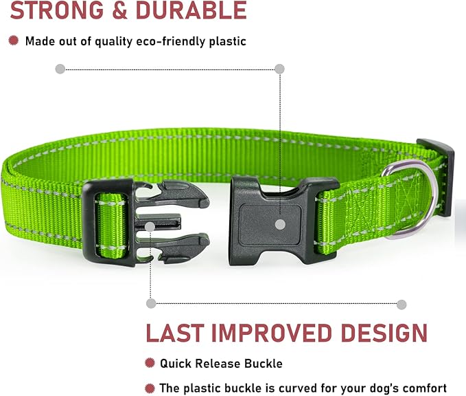 Reflective Dog Collar with Buckle Adjustable Safety Nylon Collars for Small Medium Large Dogs, Grass Green L