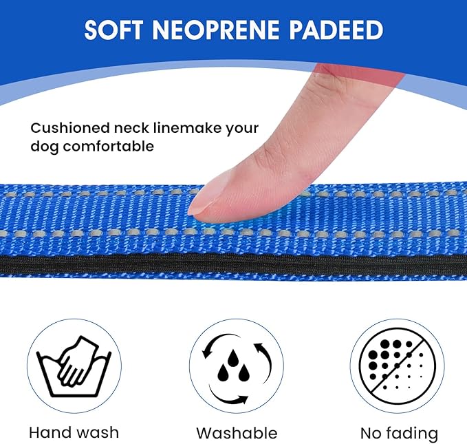 Reflective Dog Collar Padded with Soft Neoprene Breathable Quick Release Basic Dog Collars for Medium Large Dogs Blue Boy Girl