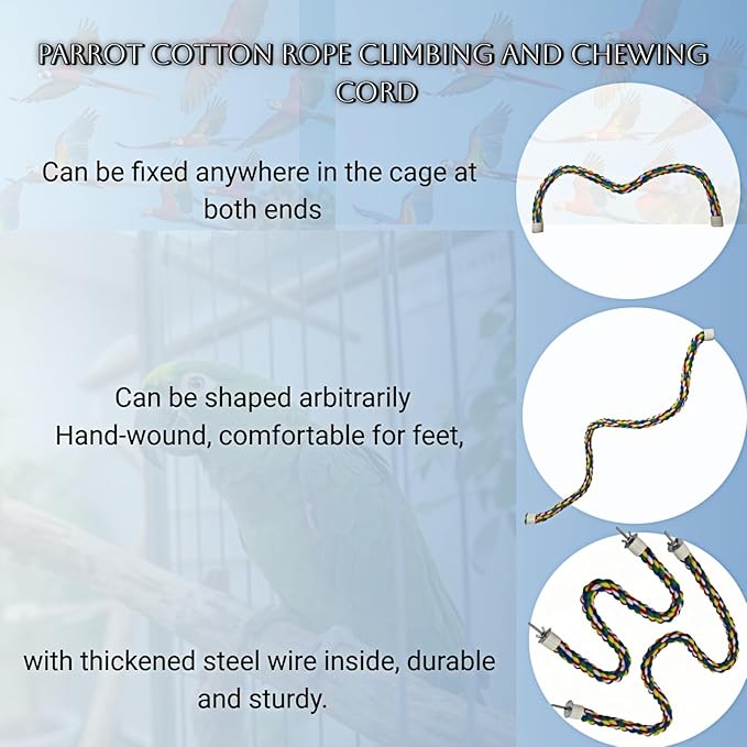 Bird Rope Perches, Parrot Toys, Bungee Rope Perches for Parrots, Cockatiels, Parakeets, Budgie Cages Comfy Birds (Metal Nut) - 36.02 inches