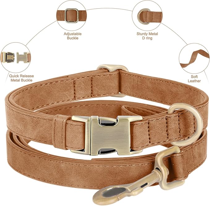 Genuine Leather Dog Collar - Adjustable Pet Collar with Quick Release Metal Buckle, Soft Skin Friendly Real Leather Collar for Small, Medium, Large Dogs (Brown Collar + Rope, M：Fit 12-20" Neck)