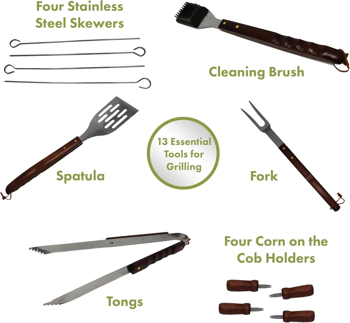 Cuisinart 13-Piece Wooden Handle Grill Tools Set, Grill Utensils Set BBQ Accessories, Durable Stainless Steel Spatula, Tongs, Cleaning Brush & More, Compact Case, Grilling Gifts for Men, CGS-W13