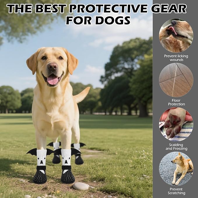 EXPAWLORER Halloween Anti Slip Dog Socks to Prevent Licking Paws, Boots & Paw Protectors with Grippers,Doggie Booties for Hardwood Floors for Small Medium Large Senior Dogs Costume White Ghost Wings M