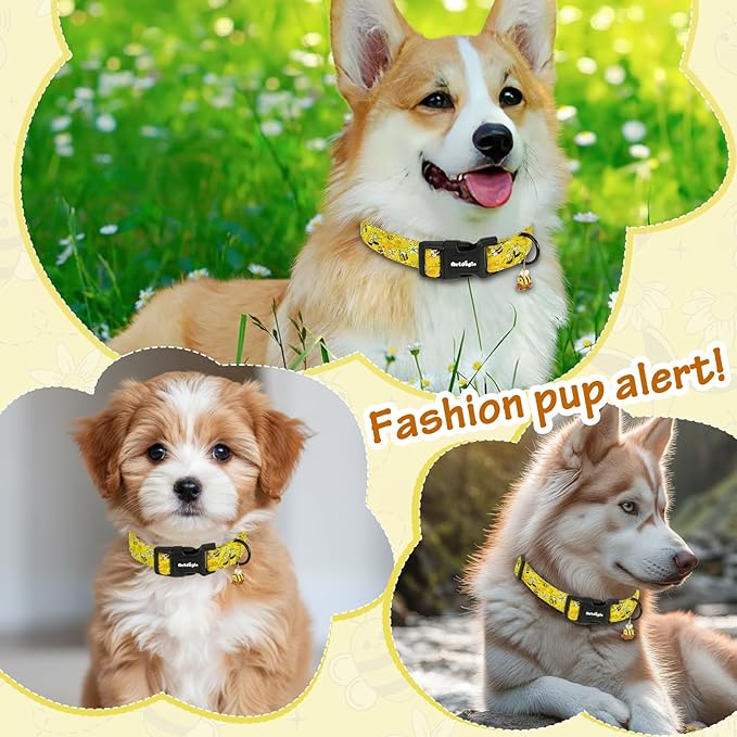 Yellow Dog Collar for Large Dogs, Spring & Summer Theme Large Dog Collars Featuring Bee Pollinating White Flowers Pattern, Adjustable Cotton Collar for Girl Boy Dogs -L