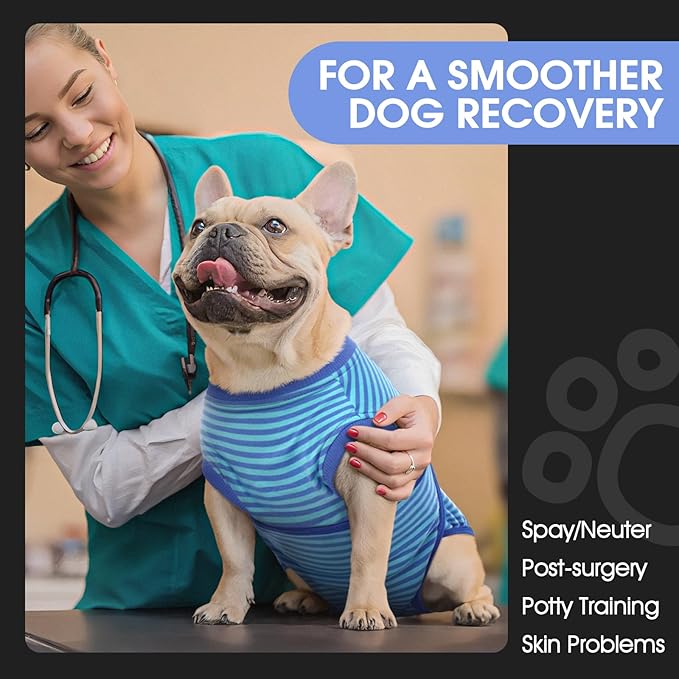 FUAMEY Recovery Suit for Dogs After Surgery,Soft Breathable Dog Bodysuit E-Collar & Cone Alternative Surgical Suit,Male Female Dog Neuter Spay Suits Anti Licking Wounds Onesie Navy Blue Strips XXL