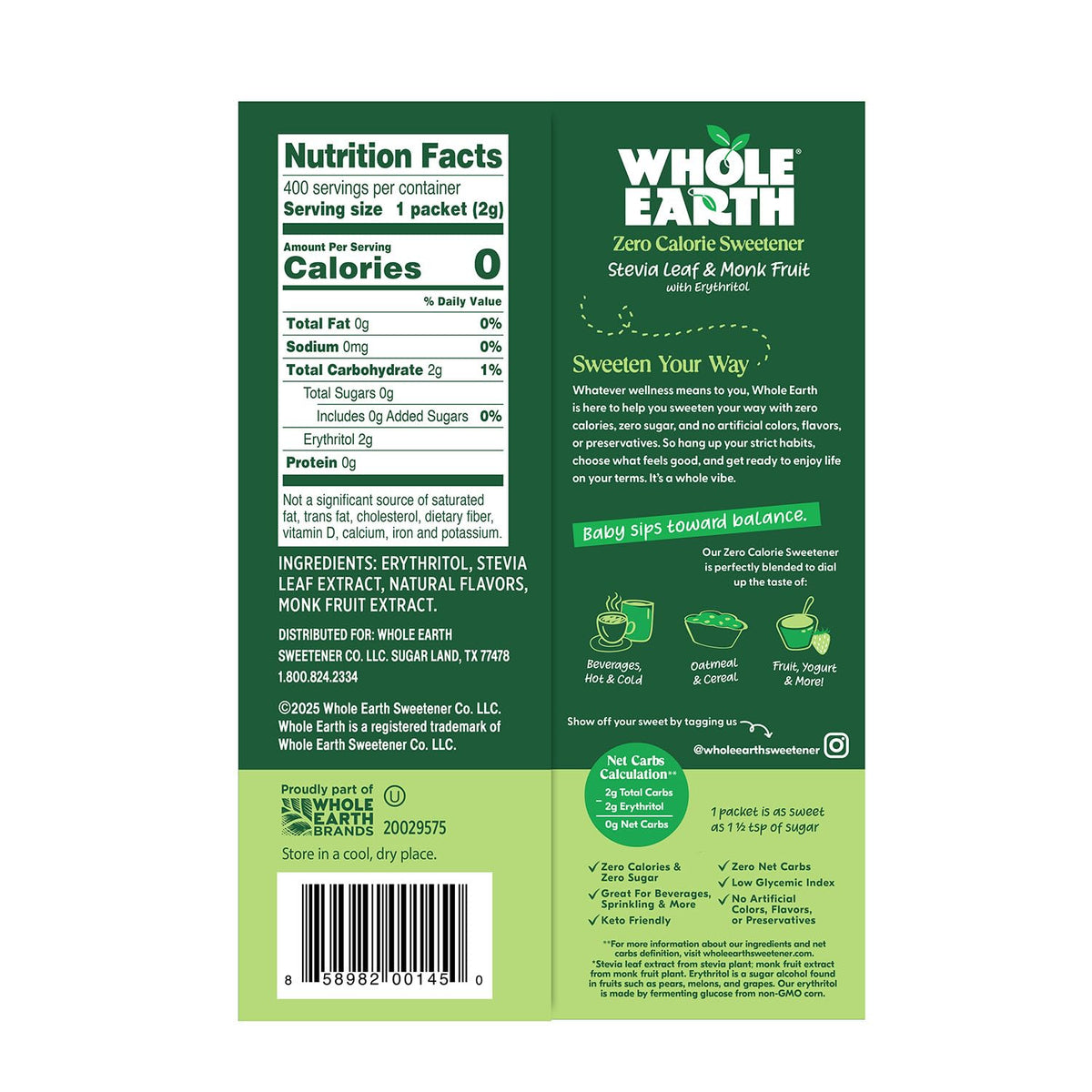 Whole Earth Sweetener Co. Stevia & Monk Fruit Sweetener, Erythritol Sweetener, Stevia Packets, Sugar Substitute, Natural Sweetener, 400 Count
